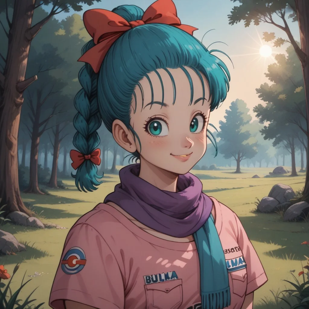 score_9, score_8, BREAK, solo, Bulma_(Dragon_Ball), blue hair, hair bow, braided ponytail, purple scarf, green eyes, cute girl, pink shirt, short sleeves, self portrait, smile, looking at viewer, outdoors, sunlight, shadows, evening lighting, natural lighting, forest, trees, grass, orange sky, sunset