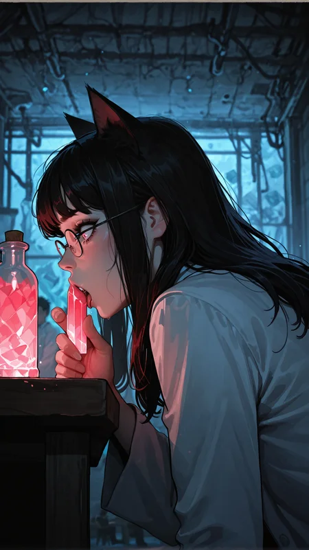 masterpiece, best quality, very aesthetic,amazing quality,ultra-detailed,8K,illustration, absurdres,detailed_skin,artist: incase,retouched,
BREAK,
petite, pale_skin, fangs, pink_eyes,long_hair, black_hair, cat_ears, licking crystal, ((crystal)), portrait, surprised, sucking_crystal, looking_down, glasses, taking_notes, labcoat,
BREAK,
realistic background, night, laboratory, candles,side view, table,