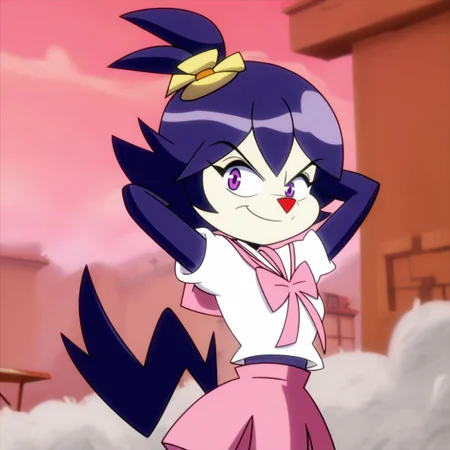 score_9, score_8, score_9, BREAK,, dot warner, purple hair, hair flower, purple eyes, white shirt, pink skirt, tail, furry, animal nose, hands behind head, smirk