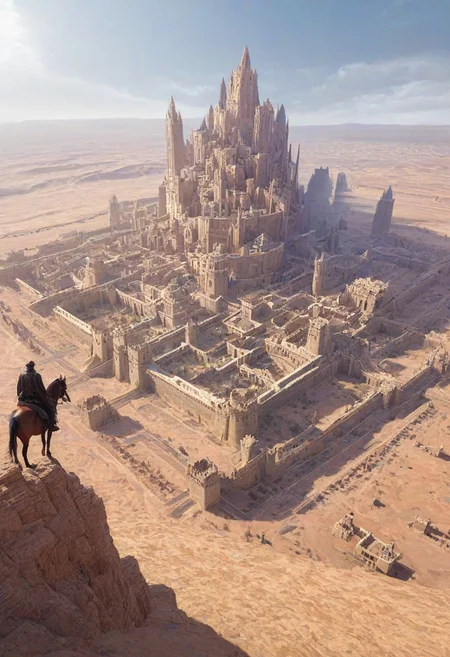 Traveler, riding horse, finds giant city in the desert, castle,