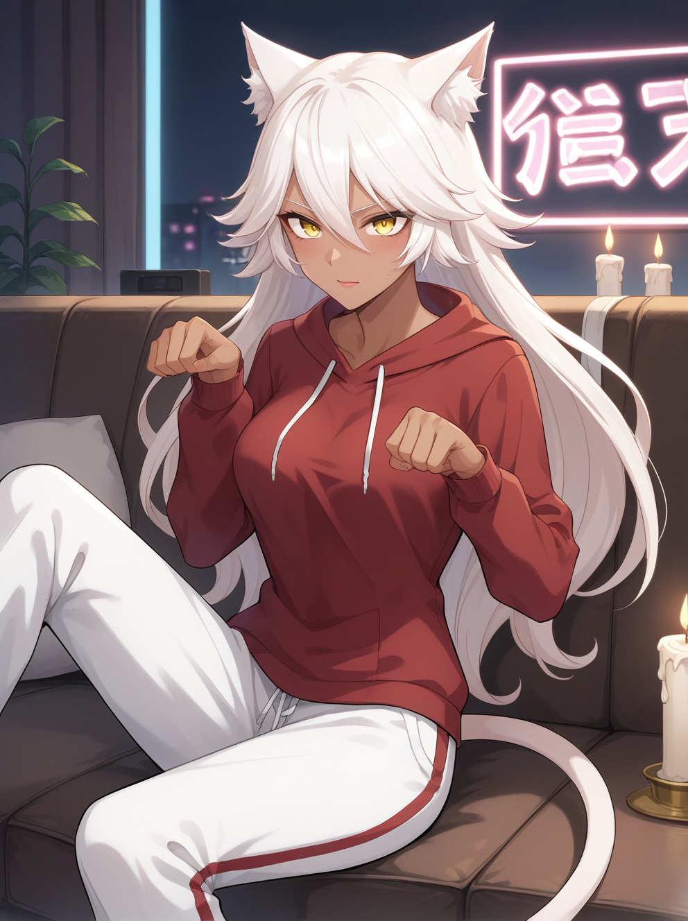 score_9, score_8, score_7_up, source_anime,
granart needakitta, animal ears, white hair, long hair,dark-skinned female, white cat tail, yellow eyes,1girl, solo, animal ears
medium breasts, 
sitting on the sofa, watching tv, candles, neon lights, snacks, pullover, sweatpants, paw pose
  <lora:StS_PonyXL_Detail_Slider_v1.4_iteration_3:0.2> <lora:Expressive_H:0.1> <lora:housechores-guy-PONYv1:0.4> <lora:granart needakitta 0.1:0.65>