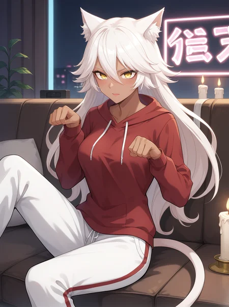 score_9, score_8, score_7_up, source_anime,
granart needakitta, animal ears, white hair, long hair,dark-skinned female, white cat tail, yellow eyes,1girl, solo, animal ears
medium breasts,
sitting on the sofa, watching tv, candles, neon lights, snacks, pullover, sweatpants, paw pose
<lora:StS_PonyXL_Detail_Slider_v1.4_iteration_3:0.2> <lora:Expressive_H:0.1> <lora:housechores-guy-PONYv1:0.4> <lora:granart needakitta 0.1:0.65>