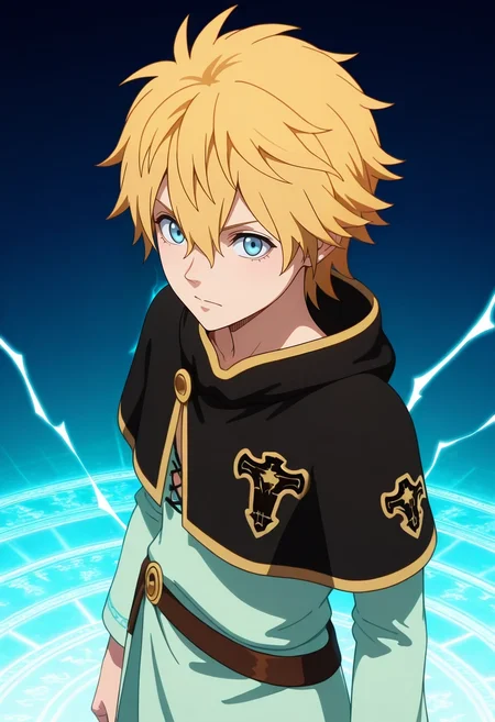 masterpiece, best quality, intricate details, (3d:0.4), , 1boy, solo, male focus, <lora:luck_voltia_ilxl:0.96>, luck_voltia, blonde hair, blue eyes, short hair, hair between eyes, electricity, capelet, ,