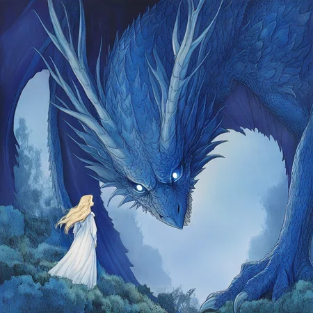 Studio Ghibli Dark Fairytale, The image is a digital illustration of a young girl standing in front of a large dragon. The dragon is blue in color and has a fierce expression on its face. It has sharp teeth and sharp claws and its eyes are glowing yellow. The girl is wearing a long white dress and has long blonde hair. She is standing on a grassy hill with rocks and bushes in the background. The sky is dark and the overall mood of the image is mysterious and magical., blonde hair, 1girl, long hair, dragon, dress, tree, standing, nature, white dress, robe