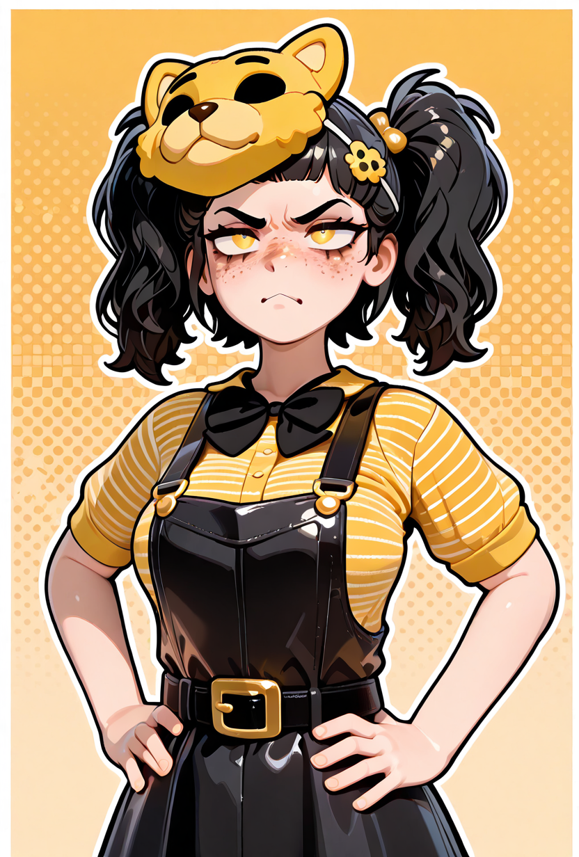 <lora:cassidythat-10:1> cassidythat, 1girl, solo, black hair, striped yellow shirt, twintails, hair ornament, black bowtie freckles, short sleeves, belt buckle, mask on head, black skirt overalls, medium breasts, hands on hips, angry, 3d,, masterpiece, best quality, amazing quality, very aesthetic, absurdres, newest,, upper body, halftone effect, white borders, abstract background:1.2,