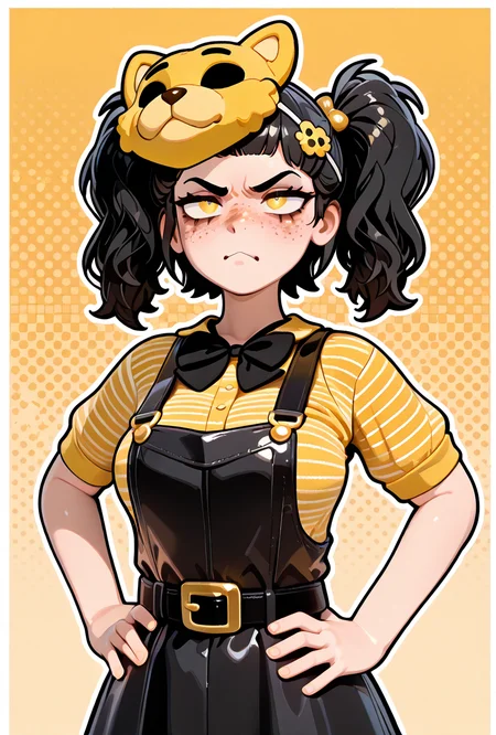 <lora:cassidythat-10:1> cassidythat, 1girl, solo, black hair, striped yellow shirt, twintails, hair ornament, black bowtie freckles, short sleeves, belt buckle, mask on head, black skirt overalls, medium breasts, hands on hips, angry, 3d,, masterpiece, best quality, amazing quality, very aesthetic, absurdres, newest,, upper body, halftone effect, white borders, abstract background:1.2,