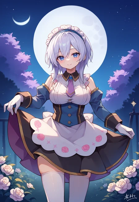 score_9, score_8_up, source_anime, 1girl, solo, HimejiShirayuki, medium hair, sidelocks, frilled hairband, pink necktie, collared dress, blue corset, detached sleeves, blue sleeves, white gloves, black skirt, apron, white thighhighs, outdoors, night, moon, dark, smile, <lora:ChamHimejiShirayukiPonyXL:1>