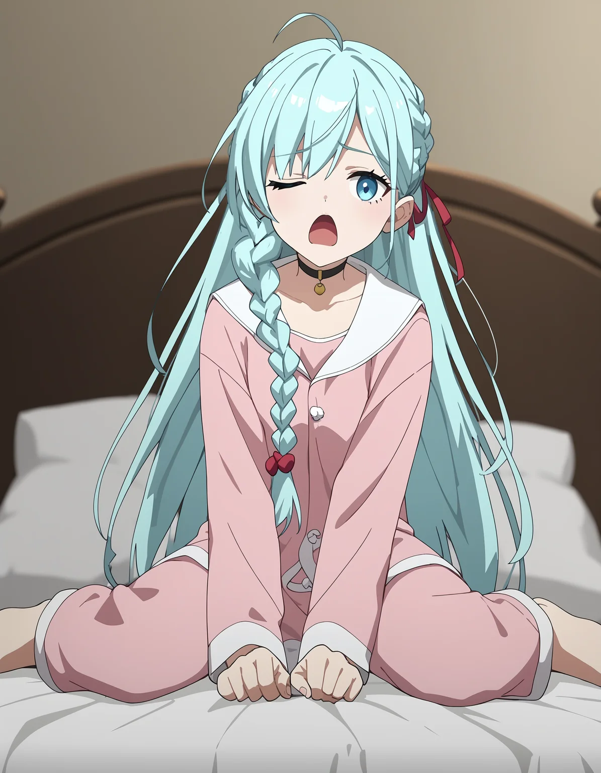 score_9,score_8_up,score_7_up,simple_background,bedroom,pajamas,full body,sleepy,sitting on bed,pillow,windows,
<lora:yuebai_pony:0.7>,yuebai,1girl,solo,long hair,very long hair,braid,blue eyes,bangs,choker,hair ornament,
looking at viewer,depth of field,anime screencap,cinematic_angle,anime screencap,yawning,one eye closed,<lora:Anime_Screencap:1>,