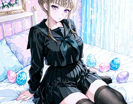 nsfw, highres, best quality, masterpiece, Easter egg \{concept\}, \{emergence\}, pastel colors dominate the scene, \{lighting\}, nestled in a bed of \{flowers\}, soft-focus background, bokeh effect, natural light, ultra-fine details, digital painting., Manaka Nemu, Manaka Nemu, braided hair, purple eyes, medium breasts, sidelocks, long sleeves, black skirt, black serafuku, neckerchief, black thighhighs, breast pocket