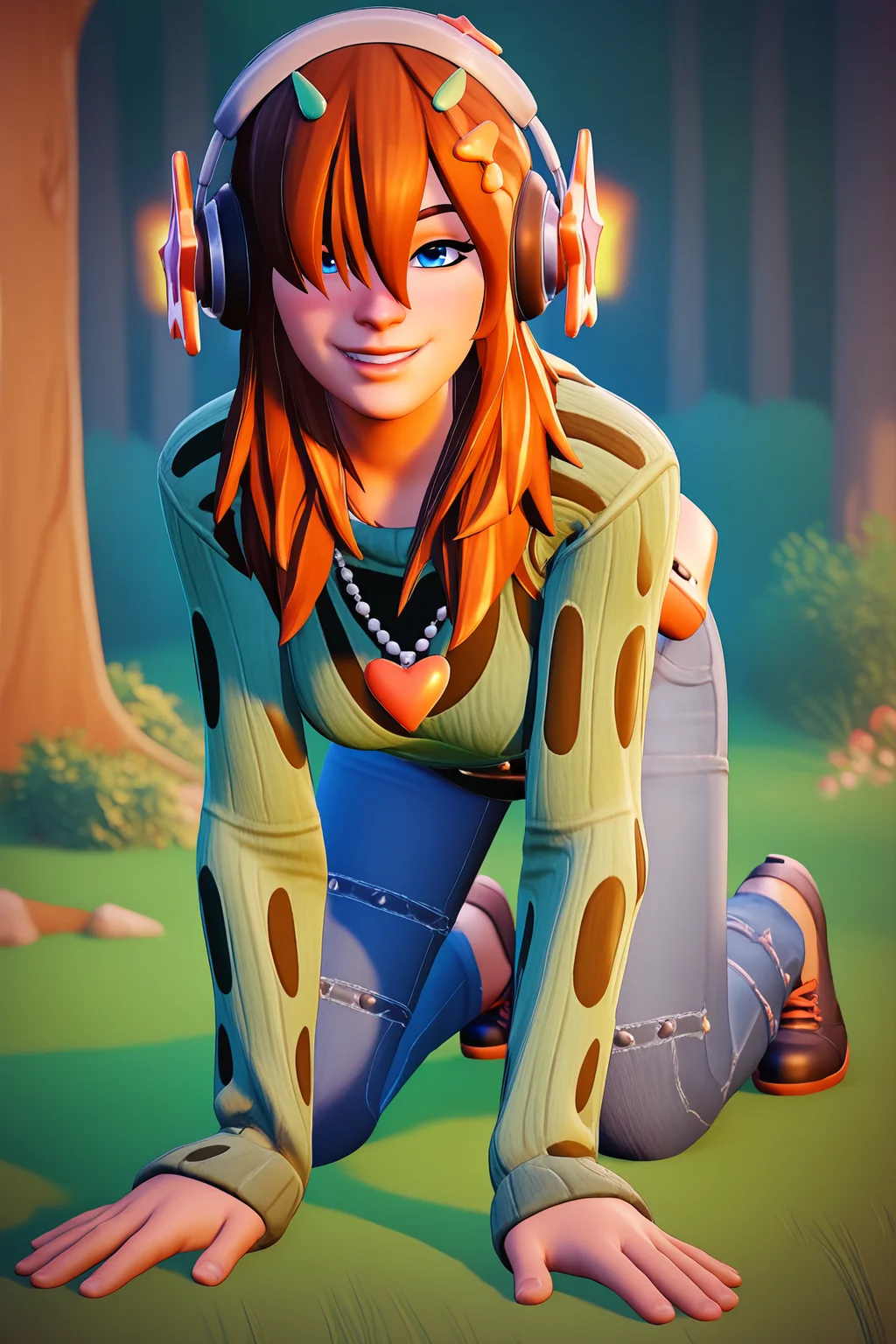 score_9, score_8_up, score_7_up, score_6_up, BREAK, PJFOPXL, blue eyes, brown hair, long hair, hair over one eye, hair ornament, headphones, medium breasts, necklace, green sweater, long sleeves, bag, denim pants, black shoes, solo, full body, all fours, seductive smile, looking at viewer, naughty face, nose blush, forest <lora:PJFOPXL_r2:1>