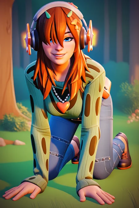 score_9, score_8_up, score_7_up, score_6_up, BREAK, PJFOPXL, blue eyes, brown hair, long hair, hair over one eye, hair ornament, headphones, medium breasts, necklace, green sweater, long sleeves, bag, denim pants, black shoes, solo, full body, all fours, seductive smile, looking at viewer, naughty face, nose blush, forest <lora:PJFOPXL_r2:1>