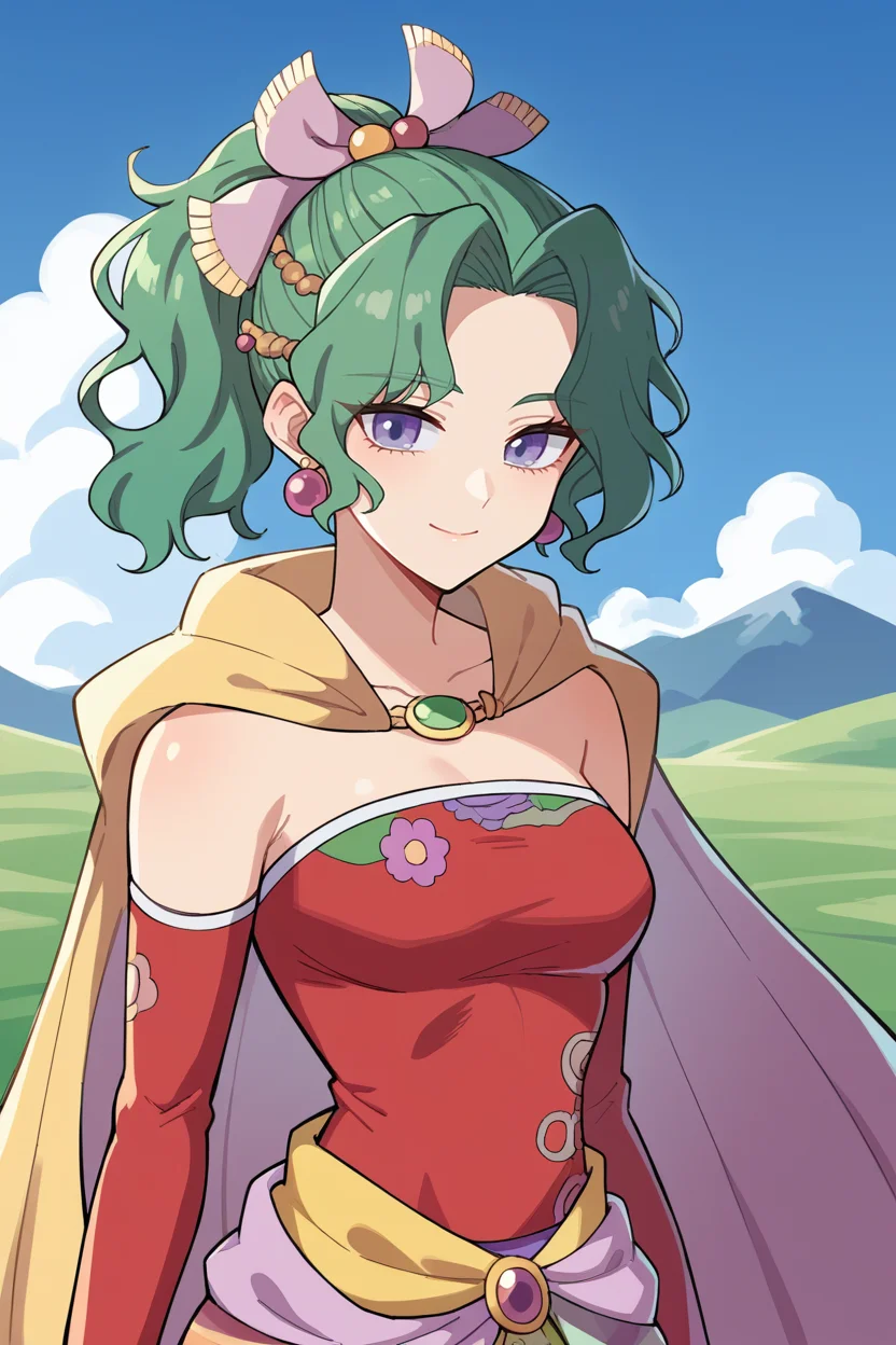 score_9, score_8_up, source_anime, 1girl, solo BREAK <lora:tinabranford-pdxl-nvwls-v1-000006:1> tina branford, green hair, ponytail, hair ribbon, earrings, cape, red dress, strapless, detached sleeves, clothes around waist, print legwear, looking at viewer, blue sky, clouds, mountains, fields, upper body, light smile, closed mouth