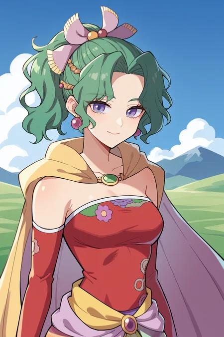 score_9, score_8_up, source_anime, 1girl, solo BREAK <lora:tinabranford-pdxl-nvwls-v1-000006:1> tina branford, green hair, ponytail, hair ribbon, earrings, cape, red dress, strapless, detached sleeves, clothes around waist, print legwear, looking at viewer, blue sky, clouds, mountains, fields, upper body, light smile, closed mouth