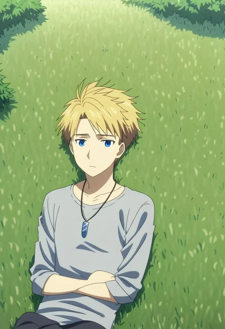 high resolution, professional photography, solo, best quality, 1Boy, Yamato Ishida, Blond Hair, Deep Blue Eyes, Necklace, relax, nap, sleepy, meadow, hill, bush, grass, under a shady tree, gentle breeze, OverallDetail