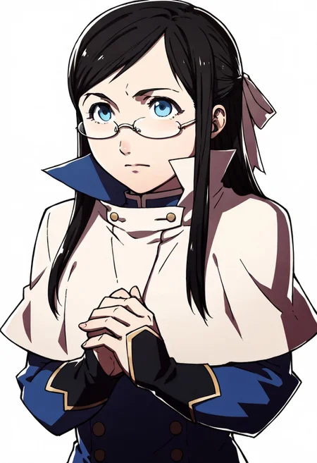 score_9, score_8_up, score_7_up, source_anime BREAK solo, 1girl, fatesportraits, portraits, white background, full body, Rosa_rosa_utm, long hair, black hair, sidelocks, hair ribbon, blue eyes, glasses, rimless eyewear, small breasts, White capelet, collared capelet, dark blue coat, long sleeves, dark blue sleeves, long coat, upper body