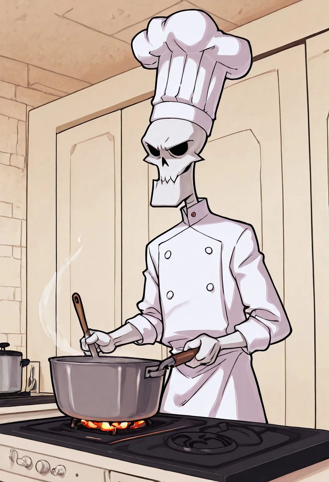 Masterpiece, best quality, highly detailed, Gr1m, RPR, solo, anime style, Grim reaper, chef hat, cooking, kitchen background, stove, close up,