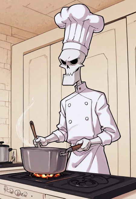 Masterpiece, best quality, highly detailed, Gr1m, RPR, solo, anime style, Grim reaper, chef hat, cooking, kitchen background, stove, close up,