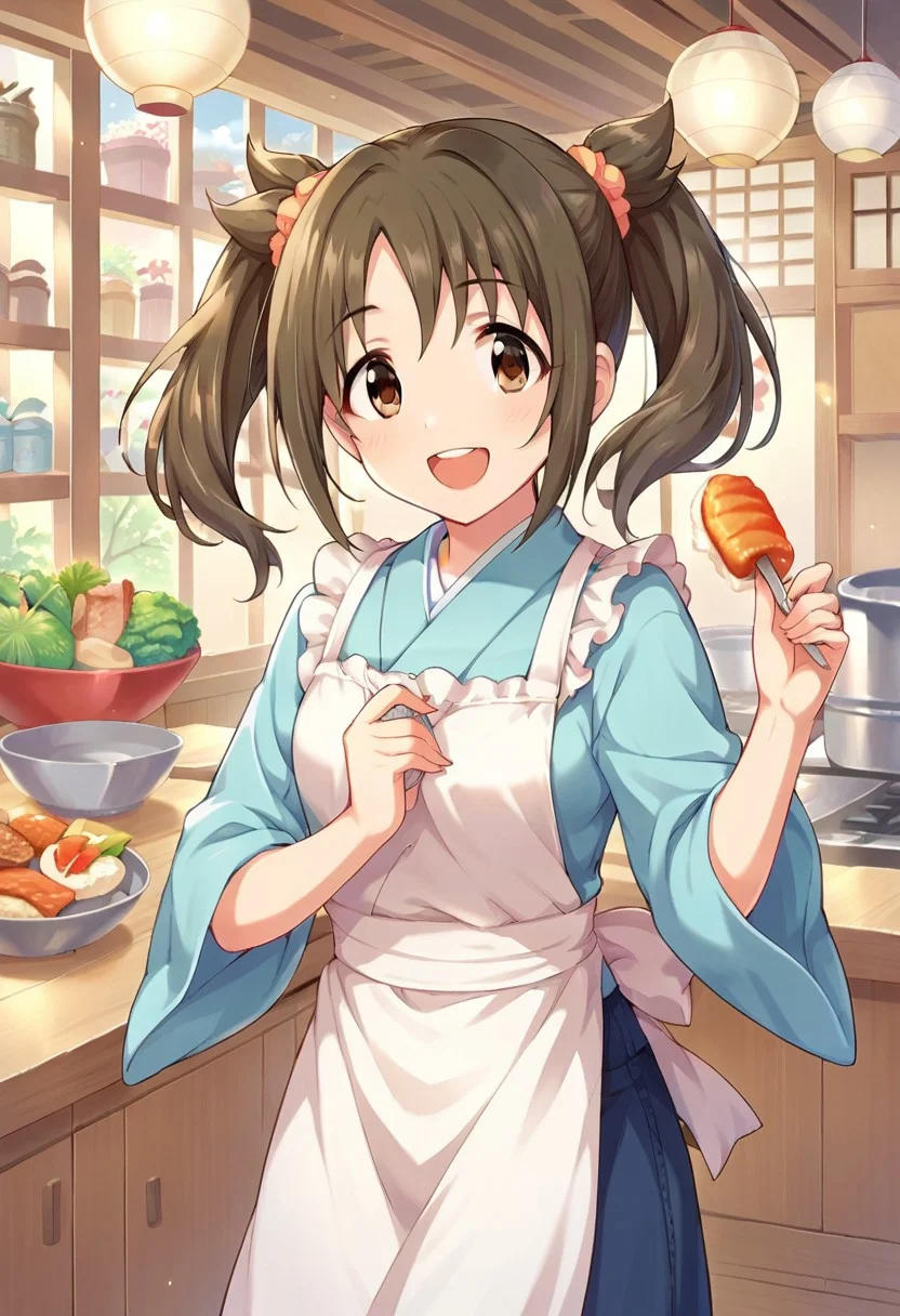 score_9, score_8_up, score_7_up, source_anime,imai kana, twintails, brown hair, brown eyes, 1girl, solo, japanese clothes, food, smile, open mouth, apron, tasuki, :d