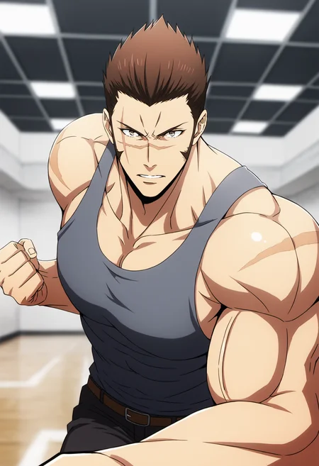 1boy, tanakakenzo_sololeveling, short hair, brown hair, (brown eyes), sharp hair,sideburns , scar on face, gray tanktop, pants, Middle Ages, score_7_up, score_6_up, score_8_up, score_9_up, manly, muscular, (stocky body), (big muscle), big arms, abs, looking at viewer, ((detailed eyes)), face_focus, first-person perspective, pov, 8k uhd, high quality, (veiny arms),  a muscular man in large empty gym,   running, big pectorals, armpit, open arms, fight pose, cinematic angle, 