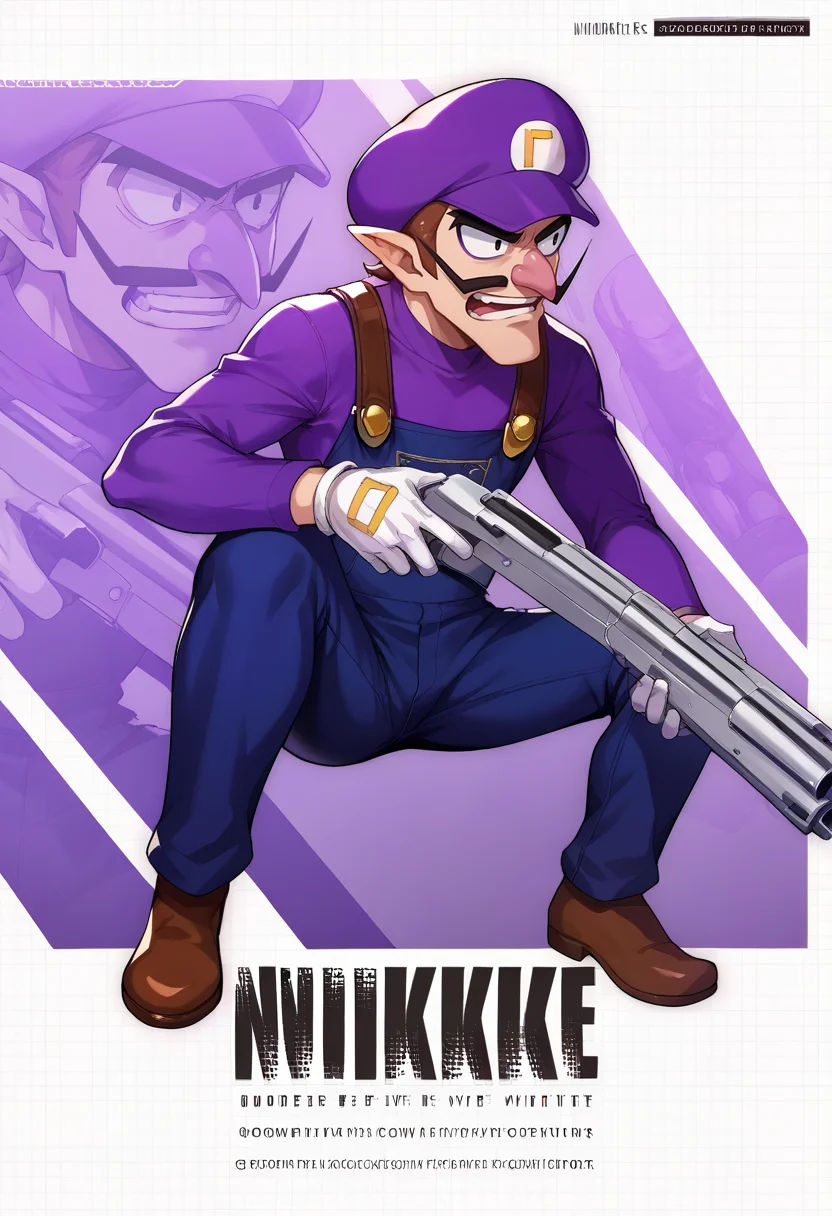 score_9, score_8_up, source_anime, 1boy, solo, Waluigi, mustache, teeth, pointy ears, brown hair, hat, purple headwear, purple shirt, long sleeves, overalls, white gloves, brown shoes, IncrsNikkeProfile, full body, zoom layer, holding weapon, gun, one knee, <lora:ChamWaluigiPonyXL:1>, <lora:NIKKEProfile_PDXL:1.0>