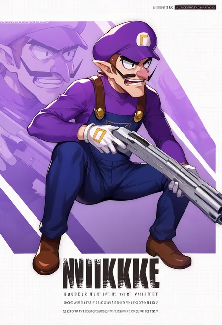 score_9, score_8_up, source_anime, 1boy, solo, Waluigi, mustache, teeth, pointy ears, brown hair, hat, purple headwear, purple shirt, long sleeves, overalls, white gloves, brown shoes, IncrsNikkeProfile, full body, zoom layer, holding weapon, gun, one knee, <lora:ChamWaluigiPonyXL:1>, <lora:NIKKEProfile_PDXL:1.0>