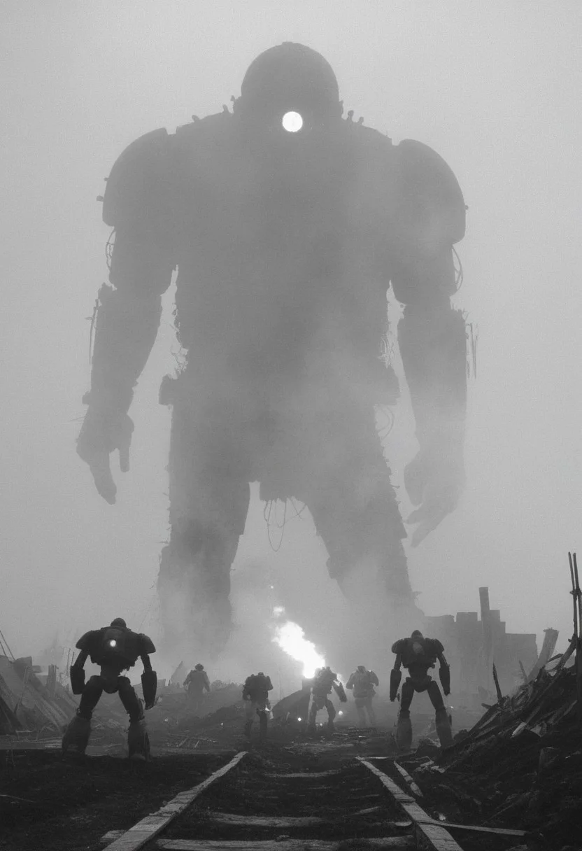 monochrome, black and white photo, old photo,blurry, low quality, old photo defects, world war 1, steam punk technology, automatons, battlefield, destroyed city,rubble, collapsed buildings, fires, artillery, Thick fog, strange shaped robots moving in the distance,massive machines in far distance,massive robots with 3 long legs , bodies,no arms, antenna, wires, consistent design,three lights ,cylindrical object protruding from the body with 3 lights on its front, looking at viewer, scary, only silhouettes, damaged robots, trench warfare, no mans land, large robots, art style of simon stalenhag
