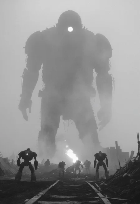 monochrome, black and white photo, old photo,blurry, low quality, old photo defects, world war 1, steam punk technology, automatons, battlefield, destroyed city,rubble, collapsed buildings, fires, artillery, Thick fog, strange shaped robots moving in the distance,massive machines in far distance,massive robots with 3 long legs , bodies,no arms, antenna, wires, consistent design,three lights ,cylindrical object protruding from the body with 3 lights on its front, looking at viewer, scary, only silhouettes, damaged robots, trench warfare, no mans land, large robots, art style of simon stalenhag