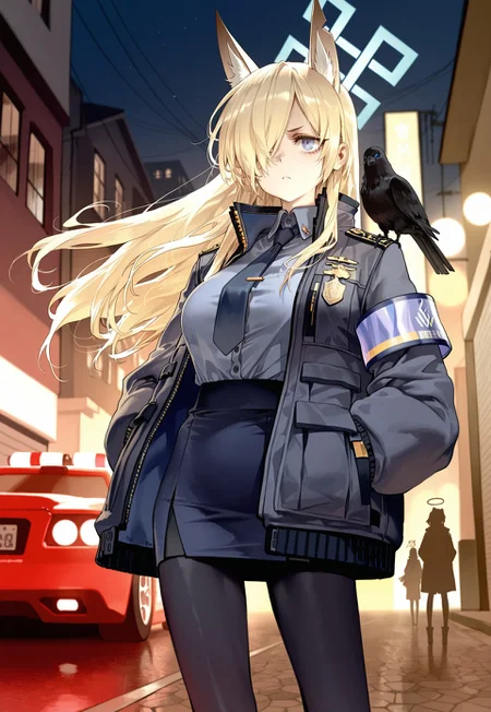 kedama milk,starshadowmagic,rella,dino \(dinoartforame\),modare,as109,rei \(sanbonzakura\),dishwasher1910,
1girl, kanna \(blue archive\), blue archive, animal ear fluff, animal ears, animal on shoulder, bird, bird on shoulder, black bird, blonde hair, blue eyes, blue jacket, blue necktie, dog ears, dog girl, floating hair, hair over one eye, halo, hands in pockets, jacket, necktie, pantyhose, police, police badge, police uniform, solo, standing, adding to the sense of movement and energy. the overall mood of the image is futuristic and edgy., but it appears to be a city street at night with buildings and cars visible in the distance. there are also several birds flying around the scene, three quarter view lights on. the background is blurred, giving the impression of movement and energy
,masterpiece,best quality,amazing quality,