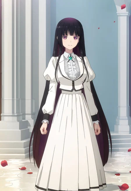 <lora:Kurogane_Otoha-pony:1>,
Kurogane Otoha, solo, looking at viewer, petals, long skirt, smile, long sleeves, dress, very long hair, puffy sleeves, standing, long dress, skirt, juliet sleeves, breasts, school uniform, white dress