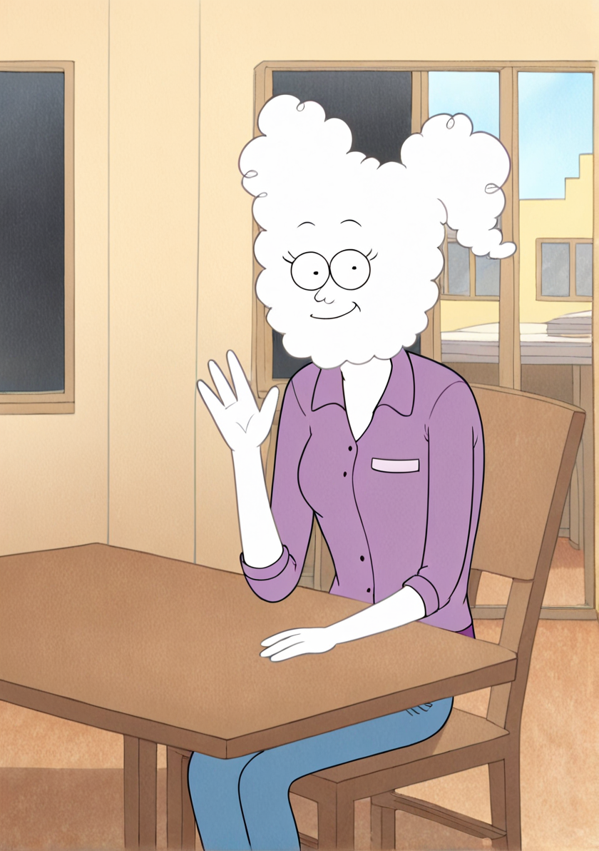 score_9, score_8_up, score_8,
<lora:CJXLv5:0.8> 1girl, white skin, CJ,
 <lora:regular_show_style:0.7> regularenoughstyle, parody 
indoors, purple polo, shirt text, blue jeans, waving, smiling, looking at viewer, table, chairs, window,
