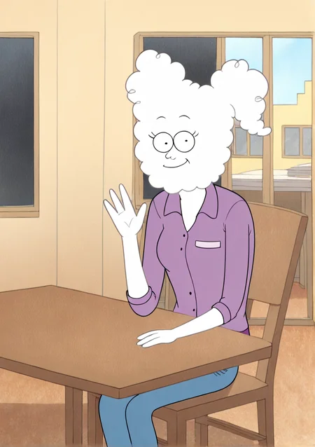 score_9, score_8_up, score_8,
<lora:CJXLv5:0.8> 1girl, white skin, CJ,
 <lora:regular_show_style:0.7> regularenoughstyle, parody 
indoors, purple polo, shirt text, blue jeans, waving, smiling, looking at viewer, table, chairs, window,