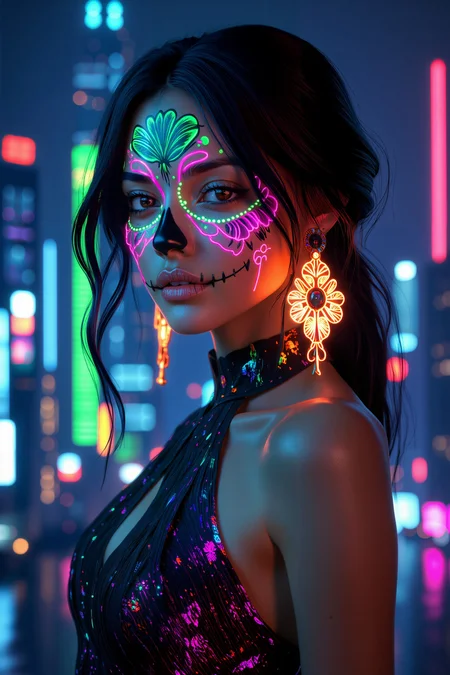 IMG_0012.JPG, Woneon_facepaintflx, A gorgeous woman with jet-black hair, neon-green and pink sugar skull face paint with floral patterns, bright neon accents highlighting her features, standing in front of a neon-lit city skyline, wearing a neon-lined futuristic dress and glowing earrings, photo-realistic, highly detailed,