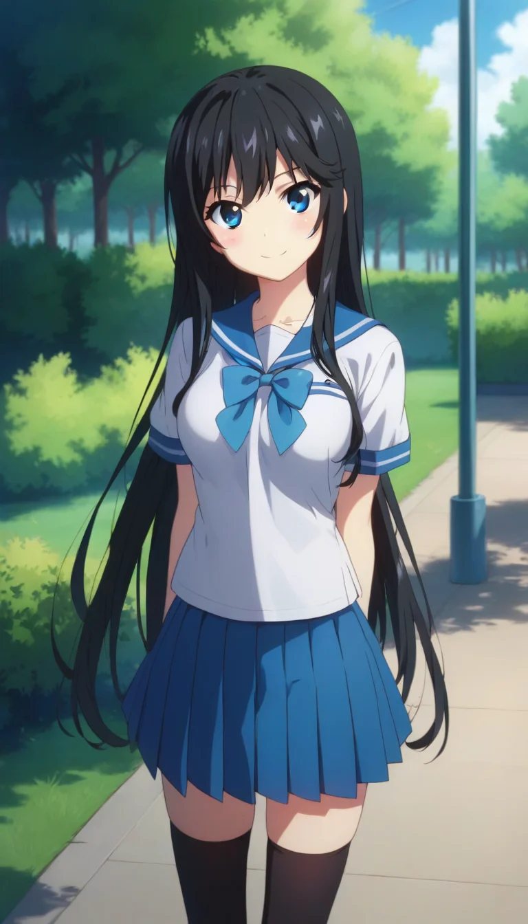 score_9,score_8_up,score_7_up,score_6_up BREAK official art,solo,outdoors,cowboy shot,looking at viewer,facing viewer,smile,blush,(petite:1.5),Minamiya Natsuki,very long hair,black hair,sidelocks,bangs,blue eyes,school uniform,serafuku,blue sailor collar,blue bowtie,blue ribbon,white shirt,short sleeves,medium breasts,miniskirt,blue skirt,pleated skirt,plaid skirt,black thighhighs,zettai ryouiki,loafers,<lora:Minamiya Natsuki(bstb)-Pony:1.4>,