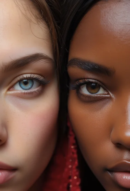 Close-up of two eyes side by side, one blue and one brown, highlighting diversity with contrasting skin tones and striking details.
