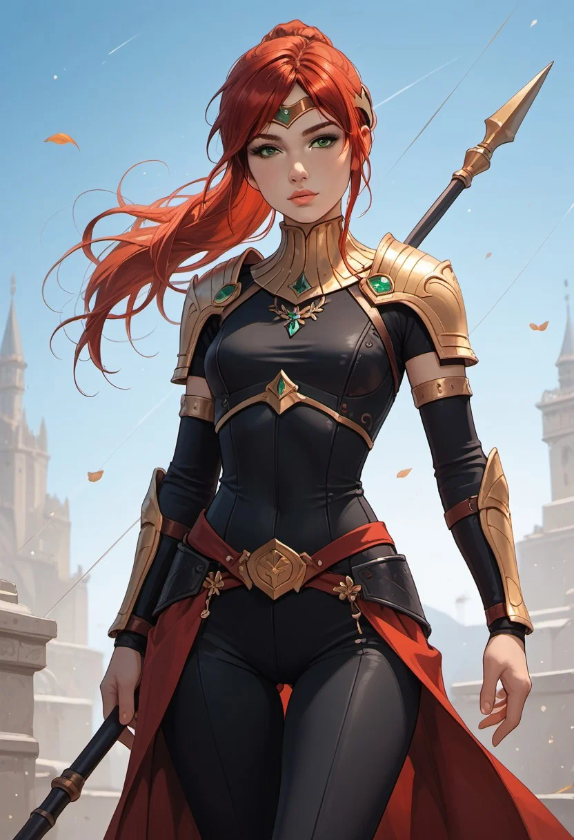 masterpiece,best quality, highly detailed, score_9, score_8_up, score_7_up, score_6_up, score_5_up, score_4_up, Expressiveh, pyrrha nikos, red hair, green eyes, armor, 30yo, adult lustful confident woman, petite, slender body, perky saggy natural breasts, full lips, bangs, sidelocks, straps, holding spear, holding shield,
chinese magical sorceress, animated, swirling magic, wisps of magic, dancing pose, tight squeezed outfit, magical accessories, evoking motion, conveying motion, dynamic splash art