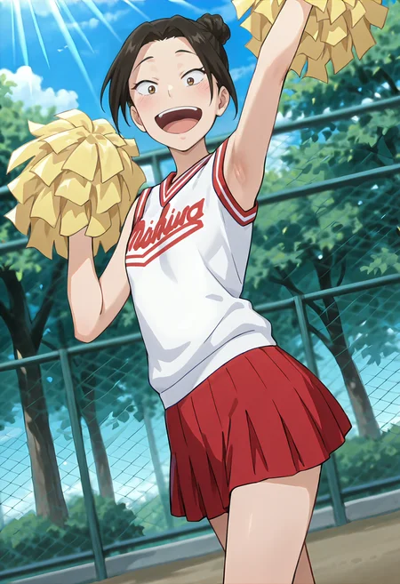 best quality, amazing quality, perfect quality, high quality, masterpiece, absolutely eye-catching BREAK
<lora:Ookiku_Furikabutte_-_Mia_Ogawa:1> OofuriMia, brown eyes, black hair, long hair, curtained hair, single hair bun, skinny, small breasts BREAK
cheerleader, white sleeveless shirt, clothes writing, red pleated skirt  BREAK
1girl, solo, outdoors, trees, sky, sunbeam, pom pom (cheerleading), holding pom poms, cheering, looking at viewer, cowboy shot, dutch angle