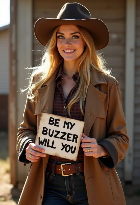 caity lotz with long blonde hair and blue eyes wearing old western clothes and a long brown trench coat holding a sign that says "BE MY BUZZER WILL YOU" 
 <lora:CaityLotz:1>