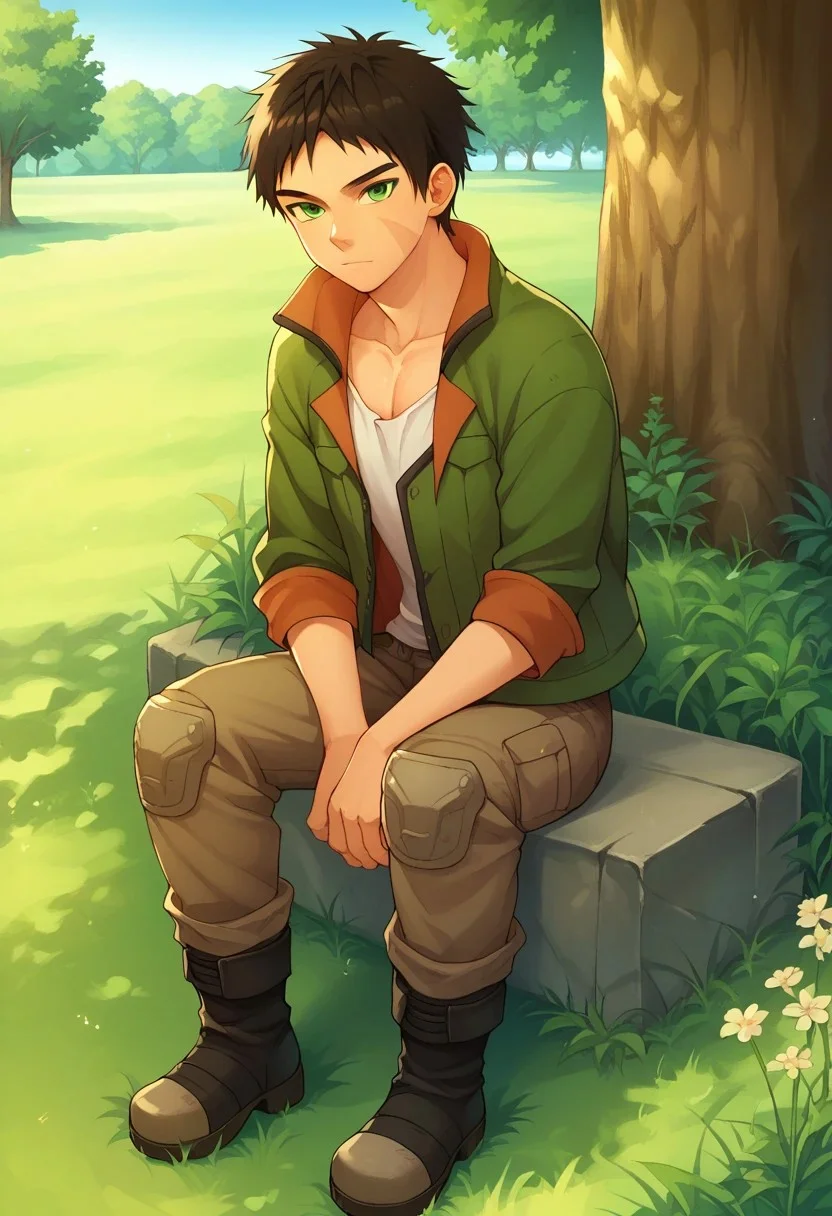 score_9, score_8_up, score_7_up, source_anime, highly detailed,
aston, 1boy, male focus, solo, black hair, scar, knee pads, green eyes, jacket, green jacket, boots, pants,
outdoor, grass, tree, day, blye sky, sit on grass, hugging own legs,