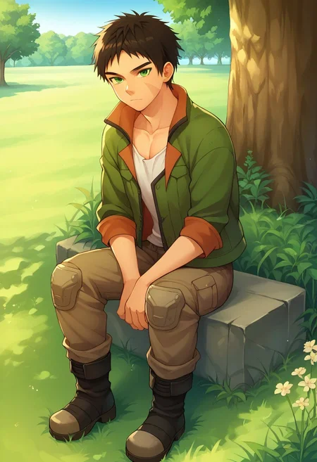 score_9, score_8_up, score_7_up, source_anime, highly detailed, 
aston, 1boy, male focus, solo, black hair, scar, knee pads, green eyes, jacket, green jacket, boots, pants, 
outdoor, grass, tree, day, blye sky, sit on grass, hugging own legs,