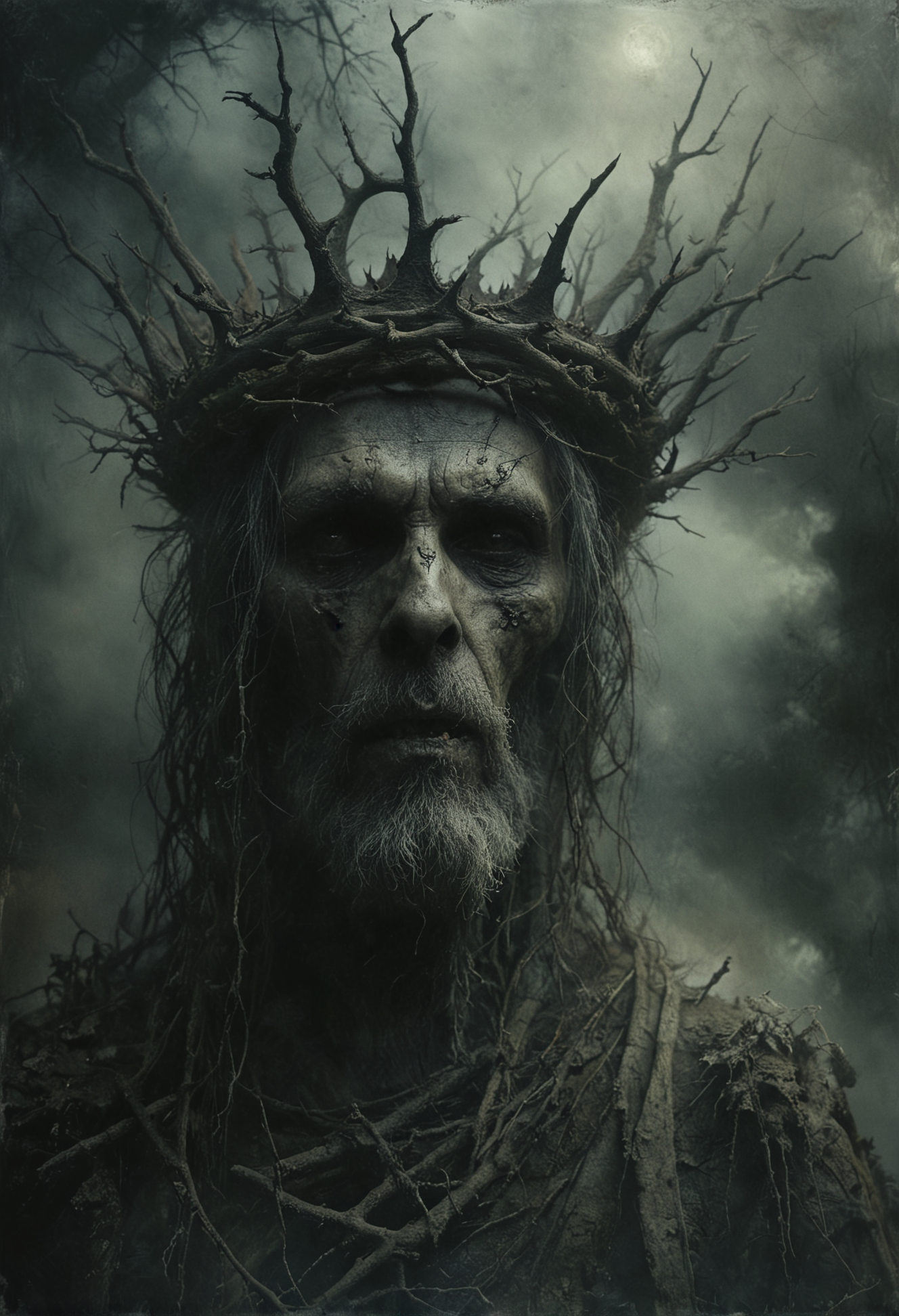 a macabre scene with a lifelike very old and ill king bearing a dark expression, crowned with a jagged, branch-like, thorny crown, partially obscured by mist, all textures suggesting decay and darkness, the kin set against a backdrop of ethereal fog and shadow to enhance its haunting appearance, evoking a sense of solemnity and ancient lore, <lora:NicolaSamori:0.7>, <lora:Desolation:0.3>, <lora:MJ52:0.3>,