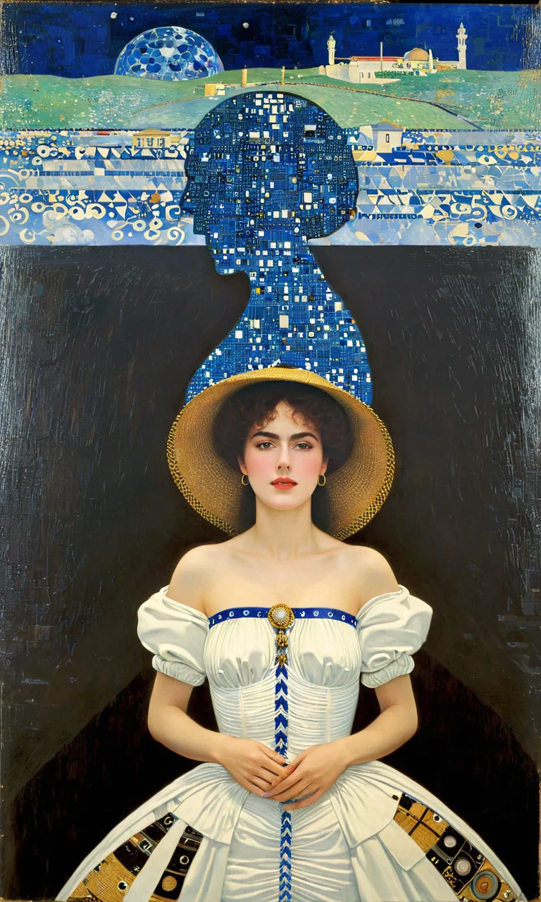 1980s classic anime, The timeless they/them of the EinSof their beauty where all things are her/him and she/he is everything else, wearing Tel Aviv like a dress weaved from human existence, by Gustav Klimt in his CRT static period, sold at auction for 23 million USD, dynamic composition, futuristic, dramatic, atmosphere, cool colors, ambient, crisp