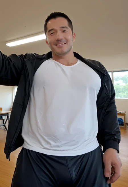 male focus,bara,facial hair,muscular male, pectorals, muscular, beard, large pectorals, huge nipples, covered nipples, short hair , mature male, thick thighs, arm hair, stubble, blush, thick eyebrows, looking at viewer, black hair, sideburns,  score_9, score_8_up, score_7_up, score_6_up, score_5_up, score_4_up, erected penis, (((htkangface))), East Asian face,  sweaty, hairy armpits,  red track pants, (((erection under clothes, erection through pants, erection under pants, erected penis covered by pants))), huge testicles, open clothes, open jacket, red track jackets, wearing tight white wet tanktop, indoors, lactation, outstretched arms forward up, (((hot white steam, high humidity))), seductive smile, close up chest, zoom in chest, (((POV))), classroom