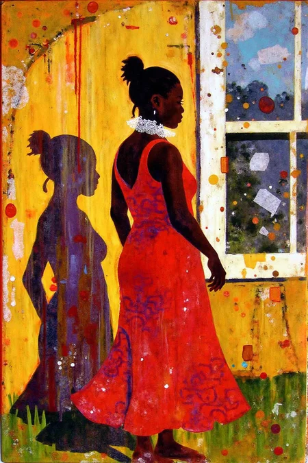 mixed media collage.
a painting of a woman in a red dress, adorned with a white lace collar, stands in front of a window. The woman's shadow is cast on the left side of the frame, adding a pop of color to the scene. The background is a mix of yellow, orange, and white, creating a vibrant contrast to the woman's figure. The figure's dress is adorned with red splashes, adding depth to the composition. <lora:ekho_collage_nocap_d6a3e12:1.0><lora:824682146871453317:0>