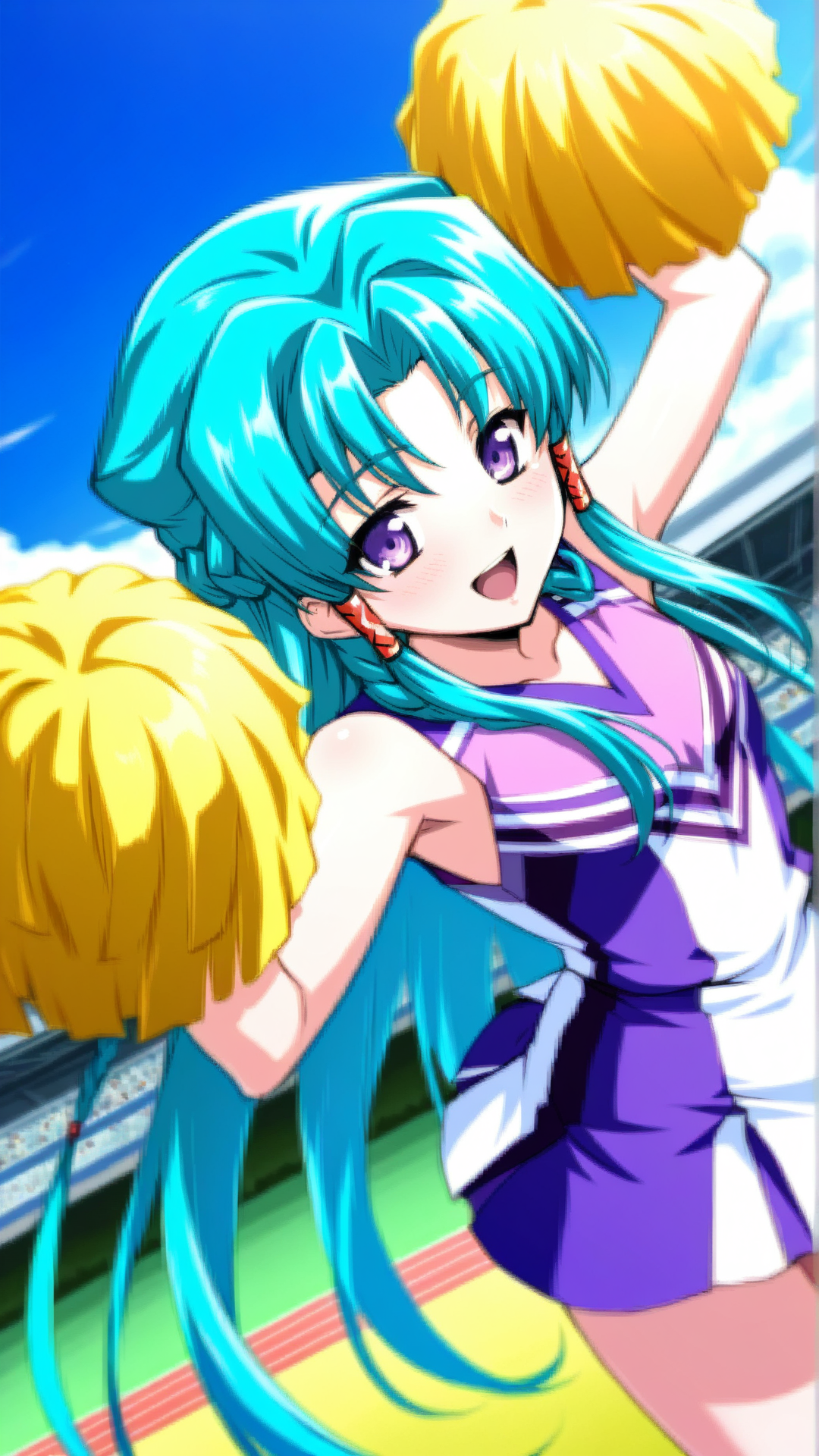 source_anime, general, best quality, masterpiece, 1girl,  <lora:shana_mia_ill_v1.0:1.0> shana_mia\(srw\),purple eyes,long hair,braid, very long hair,aqua hair, hair tubes, cheerleader, happy, (embarrassed:0.8),  dynamic pose, dutch angle,