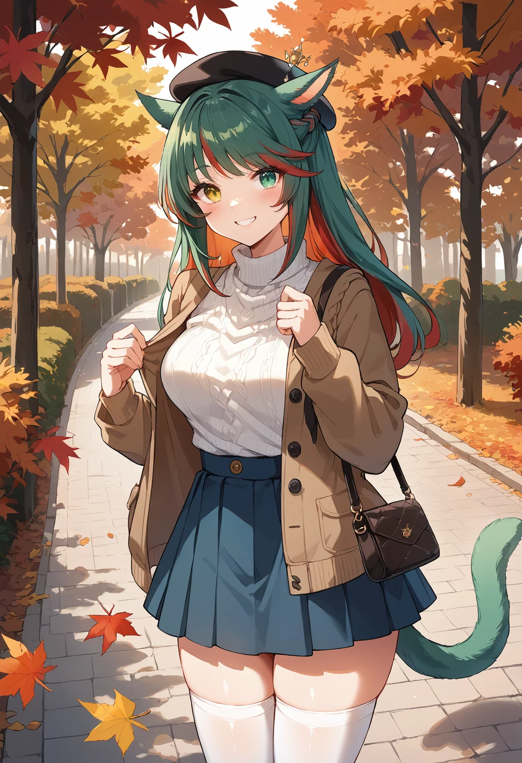 score_9, score_8_up, score_7_up, miqo'te, green hair, red hair, siriha, blush, two-tone hair, tail, heterochromia, yellow eyes, green eyes, medium breasts, crown braid, long hair, braid, autumn, white sweater, autumn brown jacket, beret, path, falling leaves, trees, autumn leaves, skirt, thighhighs, handbag, smile, cowboy shot
<lora:miqote siri (pony) v1:1.0>