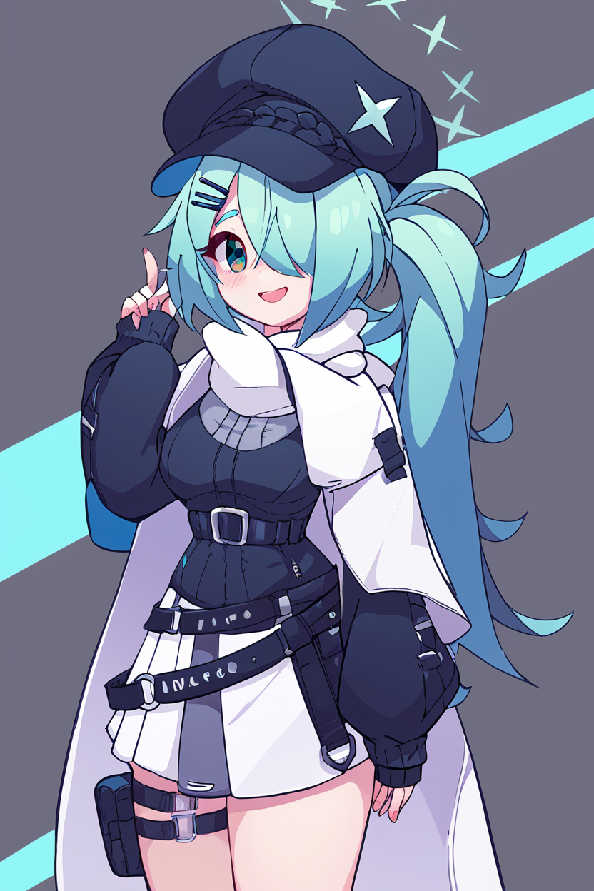 score_9, score_8_up, score_8, medium breasts, (curvy), cute, eyelashes,       BREAK, , ,,,  zzHiyori, long hair, hair over one eye, side ponytail, hairclip, hair ornament, aqua hair, green eyes, black headwear, hat, cabbie hat, long sleeves, white skirt, belt, white scarf, <lora:Hiyori_BlueArchive_PDXL_v2:0.8>,   ,,,, BREAK, smile, looking at viewer, cowboy shot, ,,, embedding:zPDXL, <lora:DiivesP1:0.7>,