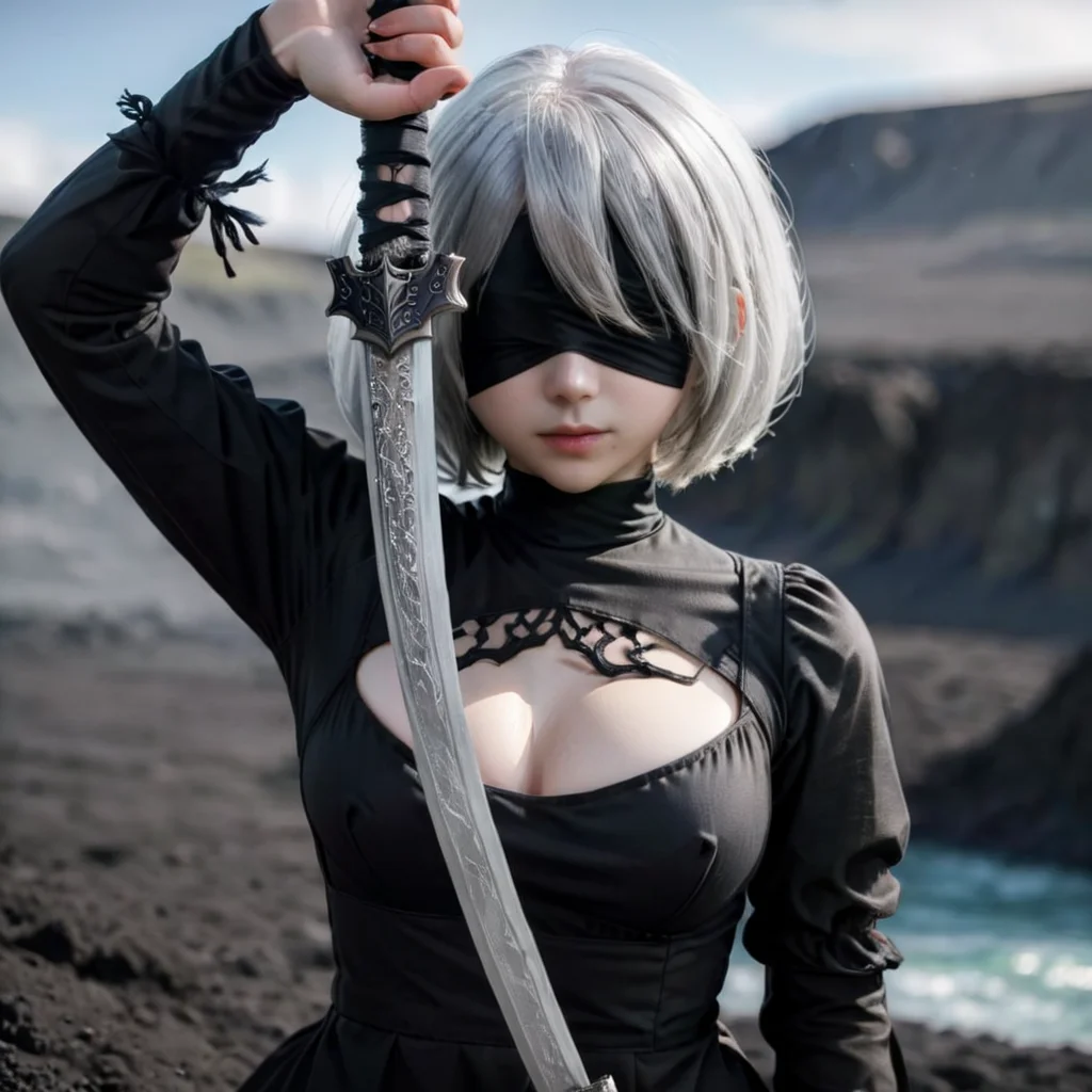 a type2b holding a sword in her hand , <lora:weaponface:0.85> ,close up , lovecraftian horror, <lora:type2B_XL_0_:0.7> covered_nipples,black_blindfold,black_hairband,black_dress,cleavage_cutout,white_hair,yorha_no._2_type_b, 1girl,(22yo:1.2),Seven headed body,full body,the landscape of iceland,gallows,, eldritch, cosmic horror, unknown, mysterious, surreal, highly detailed