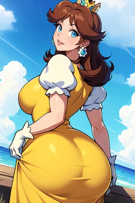 best quality,extreme detail,8k,<lora:daisy:0.6>,daisy2, 1girl, solo, long hair, breasts, looking at viewer, smile, blue eyes, large breasts, brown hair, gloves, dress, jewelry, ass, short sleeves, earrings, parted lips, sky, day, puffy sleeves, looking back, artist name, cloud, white gloves, signature, medium hair, from behind, blue sky, puffy short sleeves, lips, crown, flipped hair, yellow dress, flower earrings