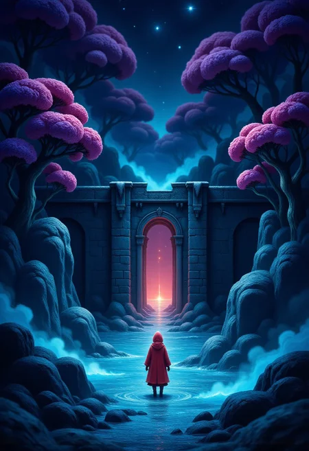 Unique art in the form of an isometric. Portraying a, In the heart of a surreal landscape, a lone figure dressed in a red and white suit stands before a stone wall. The scene is set against an endless expanse of darkness, aesthetic, original, highly detail, confident, deep rich colors, fantastic aesthetic, ambient
,pinkhidreamfantasy, aidmamjv7