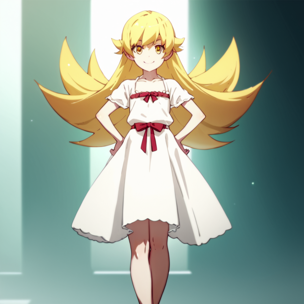 score_9, score_8_up, score_7_up, score_6_up, score_5_up, score_4_up, source_anime, , Shinobu, long hair, blonde hair, yellow eyes, barefoot, white dress, , soft smile, standing, hands on hips